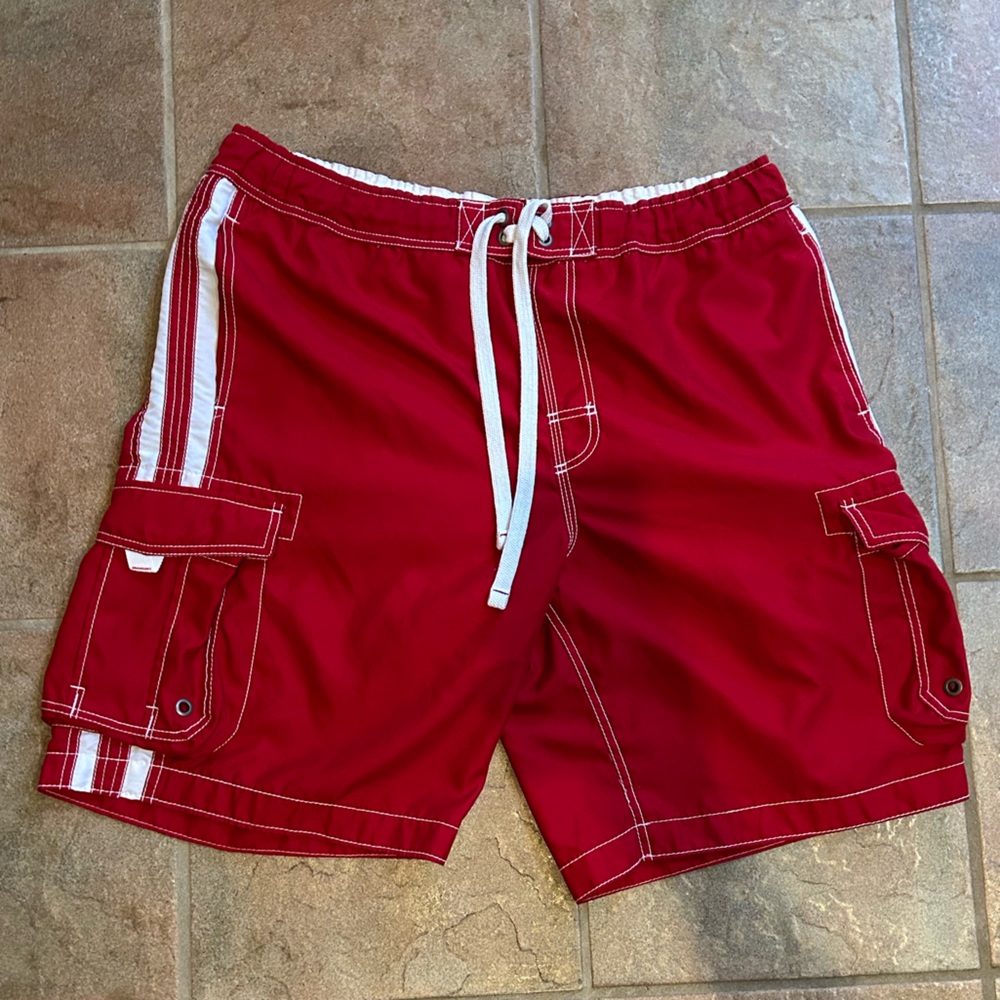 Y2K Nobo Swim Trunks Men’s Size Large 36/38 Red Cargo Pockets Mesh Lined Vintage